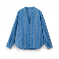 Women's Casual Blue Cotton Blend Embroidered Shirt Loose Fit Long Sleeve V-Neck Button Down Blouse With Geometric Pattern For Summer Streetwear