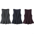 Women's Sleeveless Peplum Top Round Neck Slim Fit Summer Blouse Elegant Office Casual Solid Striped Sleeveless Shirt Polyester Woven Top For Women