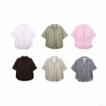 Women's Short Sleeve Lapel Button Up Shirt Casual Cotton Linen Texture Striped Blouse With Pockets Summer Loose Streetwear Top For Women