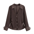 Women's Pleated Long Sleeve Shirt Lapel Single Breasted Semi-Transparent Crinkle Blouse Streetwear Casual Polyester Tops for Ladies Autumn Summer Office Wear