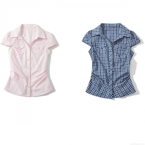Women's Summer Short Sleeve Lapel Pleated Shirt Polyester Plaid Solid Color Slim Fit Blouse For Casual Streetwear Office Lady