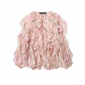 Women's Elegant Pink Floral Ruffle Chiffon Blouse Long Sleeve V Neck Tie Front Top Romantic Multi Layered Ruffle Streetwear Shirt For Daily Party Ladies