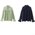Women's Casual Loose Polyester Blouse Top Summer Lapel Lantern Sleeve Button Down Shirt Solid Color Streetwear Long Sleeve Pleated Tunic For Women