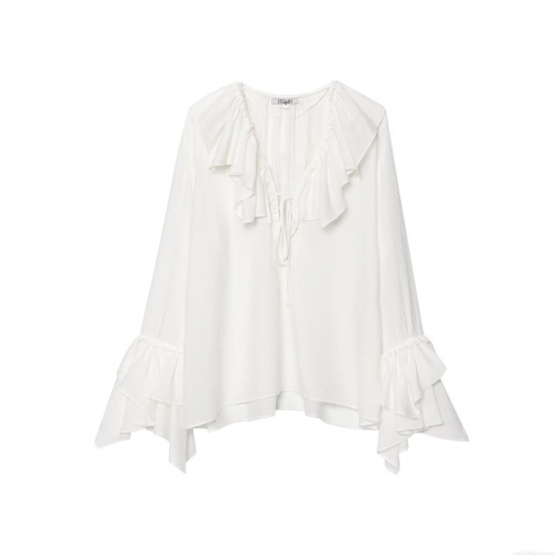 Women's French Vintage V Neck Ruffle Long Sleeve Blouse Top Solid Color Loose Fit Pullover Peach Skin Crepe Shirt for Summer Streetwear Women's French Vintage V Neck Ruffle Long Sleeve Blouse Top Solid Color Loose Fit Pullover Peach Skin Crepe Shirt for Summer Streetwear