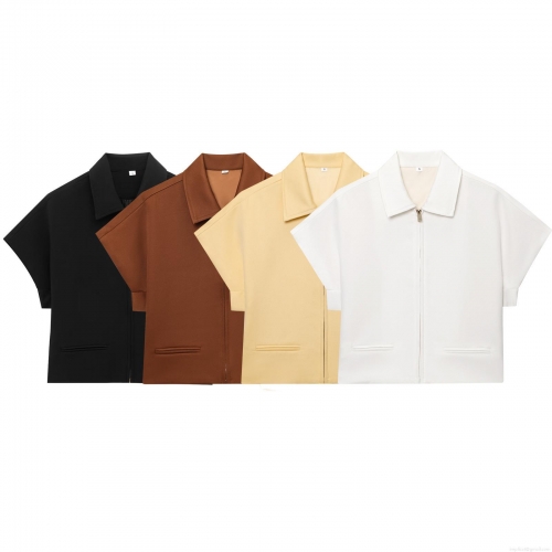 Women's Short Sleeve Turn-down Collar Zipper Shirt Jacket Casual Solid Color Polyester Summer Streetwear Chic Tops For Women