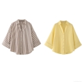 Women's 100% Cotton Linen Feel Striped Shirt Casual Loose Long Sleeve Button Down Blouse Lapel Collar Drop Shoulder Tops For Women Summer Spring Streetwear