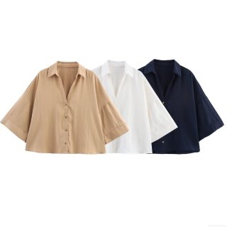 Women's Short Sleeve Shirt Polyester Lapel Collar Single Breasted Loose Fit Solid Color Buttons Office Casual Daily Streetwear Summer Fashion Tops For Women Ladies