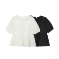 Women's Eyelet Embroidery Ruffle Peplum Hem Blouse Short Sleeve Round Neck Puff Sleeve Casual Summer Polyester Blend Shirt Top for Women