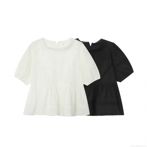 Women's Eyelet Embroidery Ruffle Peplum Hem Blouse Short Sleeve Round Neck Puff Sleeve Casual Summer Polyester Blend Shirt Top for Women