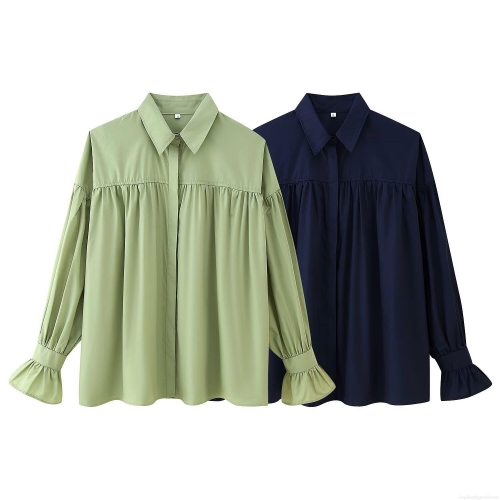 Women's Flare Sleeve Pleated Blouse Polyester Lapel Single Breasted Shirt Mid Length Long Sleeve Streetwear Top For Daily Office Street Casual Wear Women Summer Fall