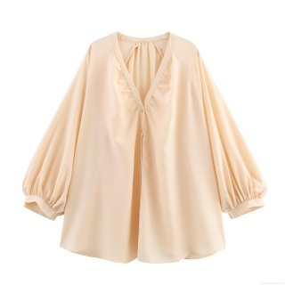 Women's Casual V Neck Lantern Sleeve Blouse Satin Texture Polyester Single Breasted Solid Color Loose Fit Shirt Summer Autumn Long Sleeve Top