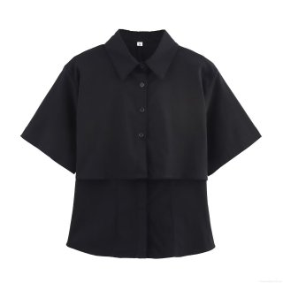 Women European Style Lapel Short Sleeve Black Shirt Double Layer Design Patchwork Streetwear Casual Blouse Top Summer 2025
