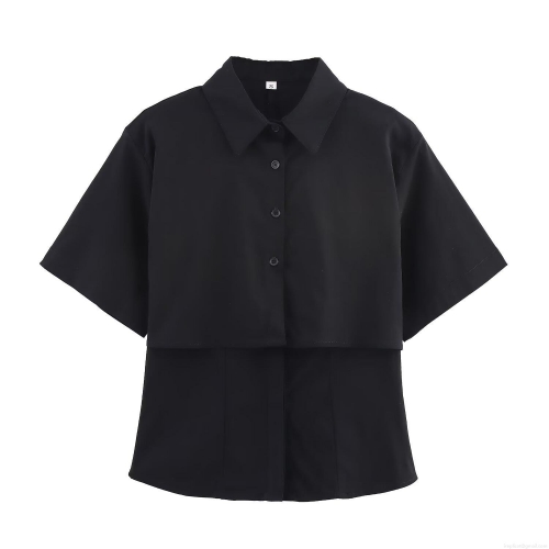 Women European Style Lapel Short Sleeve Black Shirt Double Layer Design Patchwork Streetwear Casual Blouse Top Summer 2025