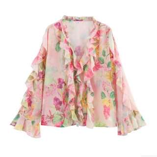 Women Floral Chiffon Blouse V Neck Ruffle Long Trumpet Sleeve Printed Pullover Shirt Casual Bohemian Summer Beach Holiday Lightweight Top Streetwear Ladies