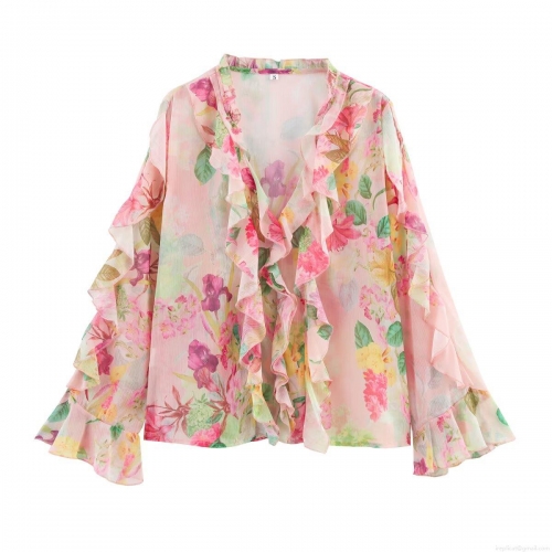 Women Floral Chiffon Blouse V Neck Ruffle Long Trumpet Sleeve Printed Pullover Shirt Casual Bohemian Summer Beach Holiday Lightweight Top Streetwear Ladies