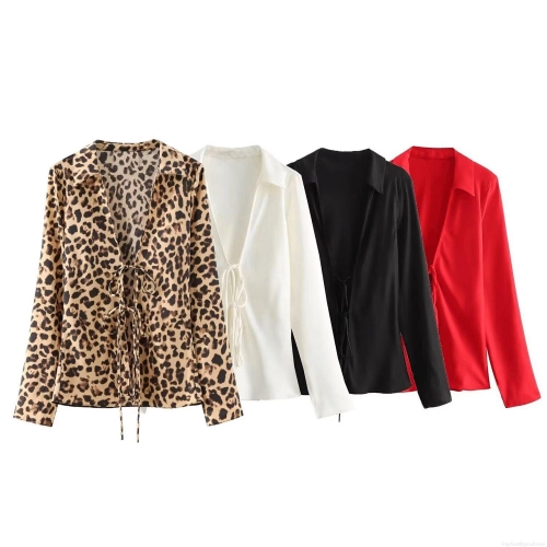 Women's Sexy Satin Shirt Long Sleeve V Neck Bow Tie Front Lapel Collar Blouse Solid Color Leopard Print Street Style Polyester Tops for Women