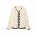 Women Bohemian Flare Sleeve Embroidered Blouse Loose Round Neck Button Down Polyester Top for Summer Vacation Street Style Cream White Shirt