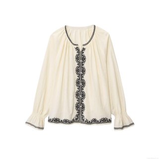 Women Bohemian Flare Sleeve Embroidered Blouse Loose Round Neck Button Down Polyester Top for Summer Vacation Street Style Cream White Shirt
