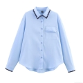 Women Scalloped Trim Long Sleeve Loose Shirt Polyester Solid Color Lapel Blouse With Single Pocket Casual Street Style Autumn Top