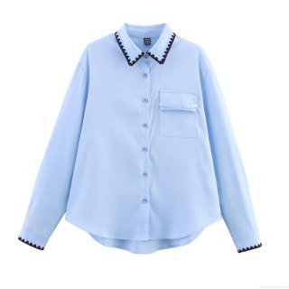 Women Scalloped Trim Long Sleeve Loose Shirt Polyester Solid Color Lapel Blouse With Single Pocket Casual Street Style Autumn Top