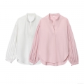 Women's V-Neck Lantern Sleeve Solid Color Shirt Elegant Loose Fit Polyester Long Sleeve Blouse Autumn Streetwear Casual Tops