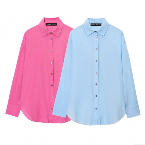 Women's Loose Fit Long Sleeve Button Up Shirt Polyester Solid Color Lapel Collar Blouse For Autumn Daily Casual Streetwear Fashion Tops