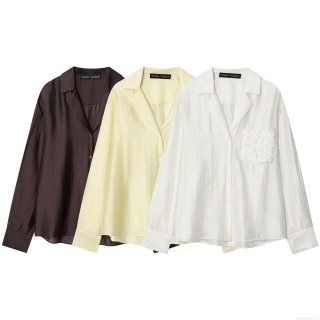 Women's Elegant Satin Long Sleeve Shirt Lapel Embroidered Pocket Blouse Solid Color Street Style Button Down Top For Office Daily Wear