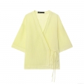 Women's Short Sleeve V-Neck Striped Wrap Shirt Casual Slub Cotton Kimono Style Blouse With Side Tie Bow For Summer Vacation Breathable Lightweight Tops