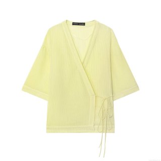 Women's Short Sleeve V-Neck Striped Wrap Shirt Casual Slub Cotton Kimono Style Blouse With Side Tie Bow For Summer Vacation Breathable Lightweight Tops