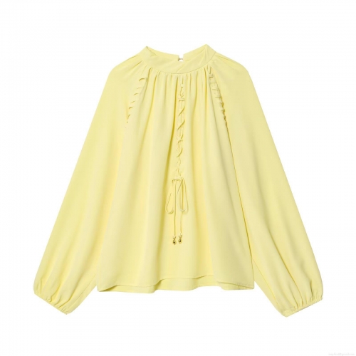 Women's Western Style High Neck Lantern Sleeve Pleated Blouse Polyester Chiffon Solid Color Tie Front Loose Top For Daily Casual Streetwear