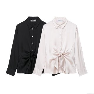 Elegant Women's Satin Long Sleeve Blouse With Hem Tie Knot Design Chic Lapel Button Down Shirt Silk Texture Solid Color Tops For Streetwear Party Ladies