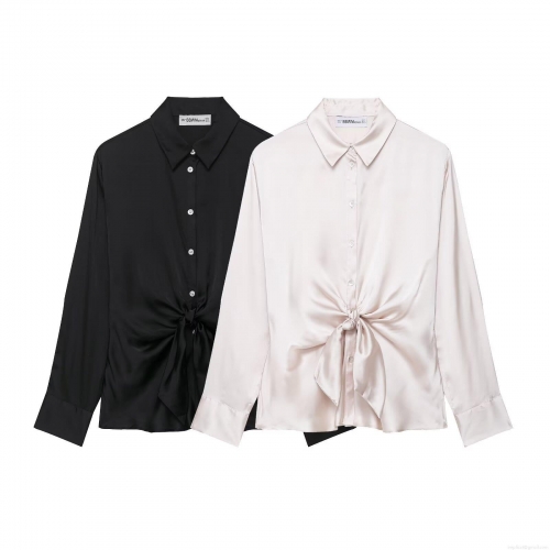 Elegant Women's Satin Long Sleeve Blouse With Hem Tie Knot Design Chic Lapel Button Down Shirt Silk Texture Solid Color Tops For Streetwear Party Ladies
