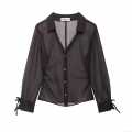 Women Sexy Black Sheer Mesh Blouse Long Sleeve Button Down Shirt With Bow Tie Cuffs Rhinestone Buttons Elegant Lapel Top For Party Daily Wear