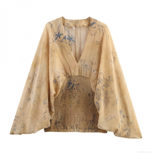 Women's V Neck Floral Print Blouse Chiffon Feel Batwing Sleeve Smocked Waist Pullover Top For Daily Vacation Autumn Bohemian Style Shirt
