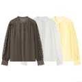 Women's Polyester Elegant Hollow Out Lace Trim Patchwork Blouse Round Neck Long Sleeve Single Breasted Casual Shirt Top for Women Autumn Streetwear