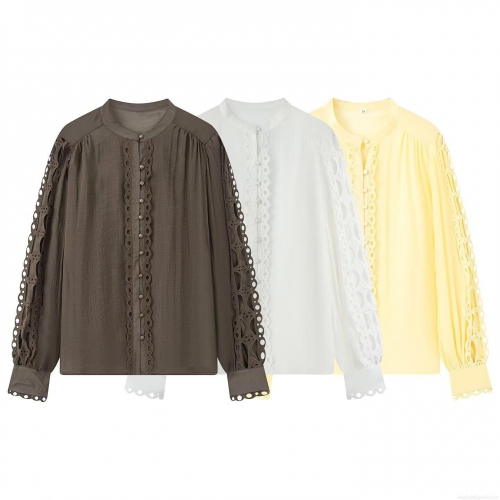 Women's Polyester Elegant Hollow Out Lace Trim Patchwork Blouse Round Neck Long Sleeve Single Breasted Casual Shirt Top for Women Autumn Streetwear