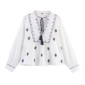 Women's Bohemian Embroidery V-Neck Tassel Blouse Ethnic Long Sleeve Cotton Blend Top Casual Spring Autumn Shirts For Women