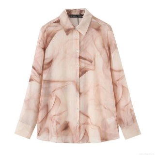 Women's Abstract Smoke Print Chiffon Blouse Long Sleeve Lapel Button Down Shirt Loose Fit Vertical Texture Streetwear Casual Lightweight Top