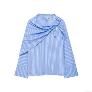 Women Striped Long Sleeve Blouse 100% Polyester Asymmetric Round Neck Scarf Knot Design Loose Casual Shirt Top For Daily Autumn Fashion