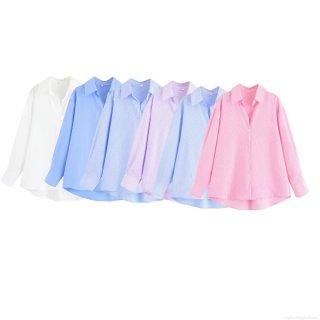 Women's Casual Long Sleeve Button Up Shirt Lapel Neck Loose Fit Vertical Striped Blouse Solid Color Polyester Cotton Blend Top For Daily Office Streetwear