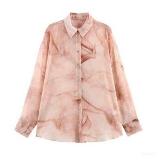 Women's Tie Dye Marble Print Long Sleeve Shirt Elegant Lapel Pleated Polyester Blouse With Pearl Luster Buttons Street Casual Tops