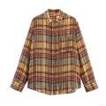 Women's Autumn Vintage Plaid Long Sleeve Shirt Lapel Single Breasted Linen Blend Blouse Retro Casual Streetwear Top for Women