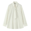 Women's Striped Long Sleeve Button Down Shirt With Tie Loose Casual Polyester Blouse Autumn Fashion Trendy Streetwear Oversized Lapel Top For Daily Work Wear
