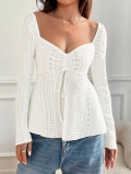 Elegant White Eyelet Embroidery Long Sleeve Top For Women Slim Fit Drawstring U-Neck Peplum Blouse For Spring Autumn French Style Shirts