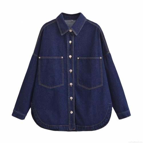 Women's Dark Blue Denim Style Shirt Jacket Long Sleeve Turn-Down Collar Single Breasted Blouse With Pockets Streetwear Casual Top Women's Dark Blue Denim Style Shirt Jacket Long Sleeve Turn-Down Collar Single Breasted Blouse With Pockets Streetwear Casual Top