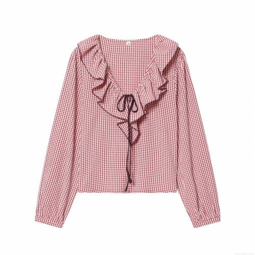 Women's Red White Gingham Plaid Polyester Blouse With Ruffle V-Neck And Lace Up Detail Long Sleeve Loose Fit Casual Streetwear Fall Tops