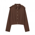 Women's Solid Color Polyester Pleated Shirt Top With Shoulder Straps Long Sleeve Cropped Button Up Blouse For Daily Streetwear