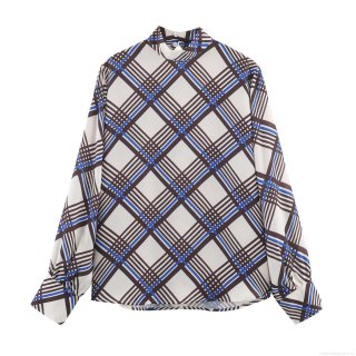Women Retro Plaid Blouse Polyester Chiffon Mock Neck Long Sleeve Color Block Checkered Shirt Elegant Autumn Streetwear Pullover Top