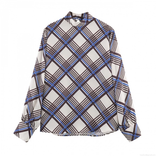 Women Retro Plaid Blouse Polyester Chiffon Mock Neck Long Sleeve Color Block Checkered Shirt Elegant Autumn Streetwear Pullover Top