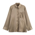 Women's Satin Long Sleeve Shirt Elegant Silk-like Lapel Blouse With Pocket Solid Color Button Down Office Commute Street Style Champagne Gold Tops